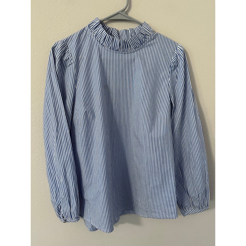 J.Crew Ruffle Neck Top small Blue White Excellent Striped Long Sleeve Blouse